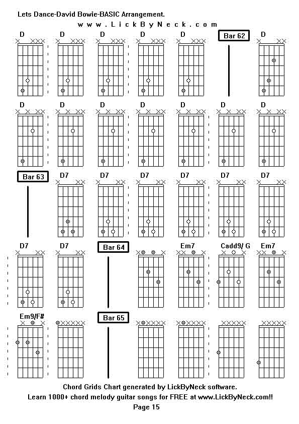 Chord Grids Chart of chord melody fingerstyle guitar song-Lets Dance-David Bowie-BASIC Arrangement,generated by LickByNeck software.